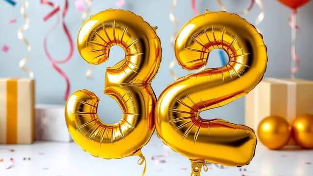 Birthday balloon number thirty two, golden letter figure 32 celebration background AI Generative