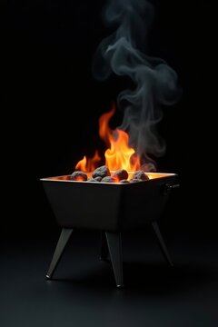 Glowing Embers in a Modern Charcoal Brazier with Rising Smoke Against a Dark Background