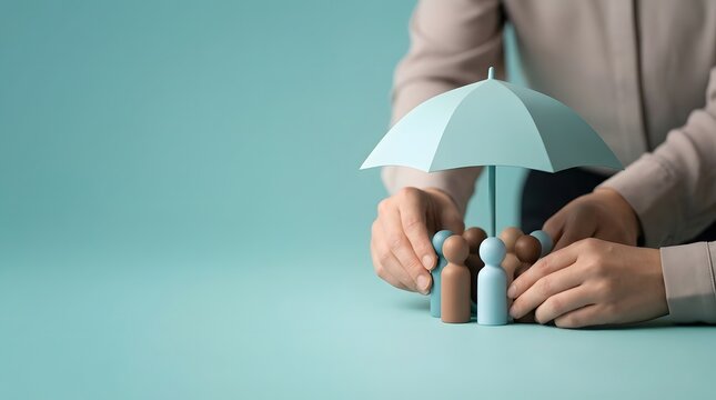 Hands holding a miniature light blue umbrella over a group of small wooden peg doll figures on a solid teal background