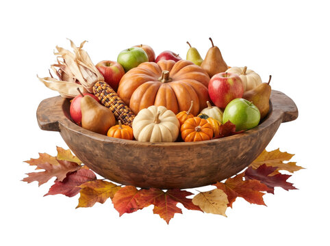 Abundant autumn harvest display with pumpkins apples pears and corn in a wooden bowl