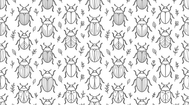 Hand-drawn beetle pattern isolated