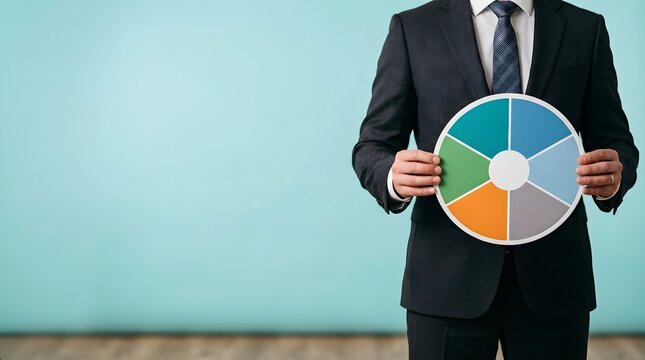 Businessman in a dark suit holding a circular pie chart with six colorful segments against a light blue background, mid-section view