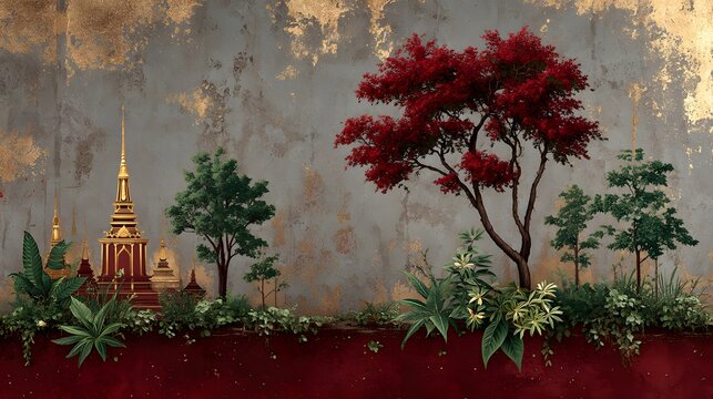 Elegant Asian Landscape with Golden Pagodas, Red Trees, and Lush Greenery, Artistic Style