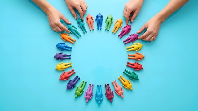 Hands arranging small, colorful plastic human figurines in a circular formation on a solid light blue background, top-down view
