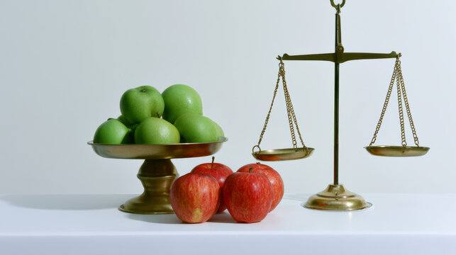 Green apples vs red apples with brass balance scale on white table, nutrition comparison concept