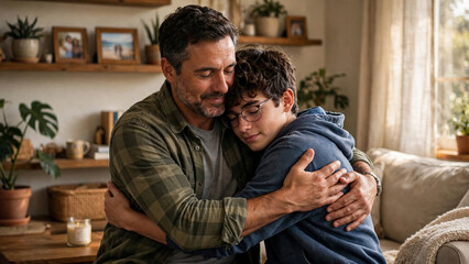 Fototapeta premium Loving father hugging his teenage son in a cozy living room