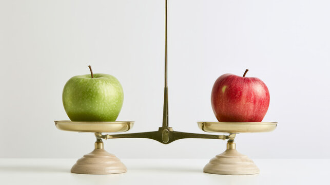 Green apples vs red apples with brass balance scale on white table, nutrition comparison concept