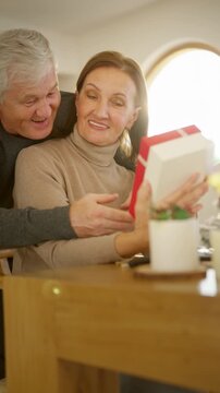 Family celebrating Christmas at home. Senior husband gives gift to wife while relaxing together in living room. Happy Caucasian older couple sharing love, surprise and festive holiday tradition.