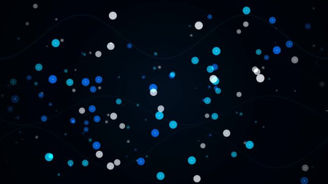 Floating blue and white bokeh particles moving on dark blue waving tech background loop