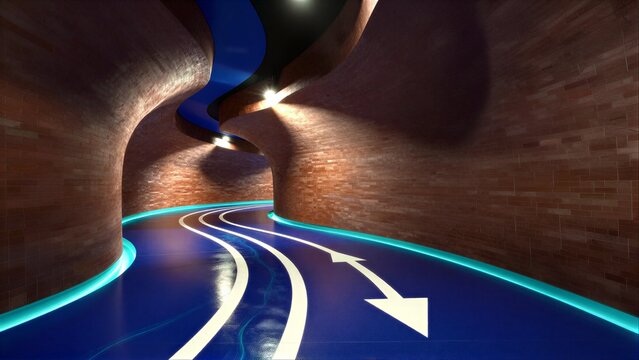 Curved brick tunnel with glowing blue path and white directional arrows.