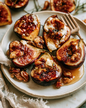 Roasted figs filled with creamy cheese and toasted walnuts, drizzled with golden honey and served on rustic ceramic tableware.