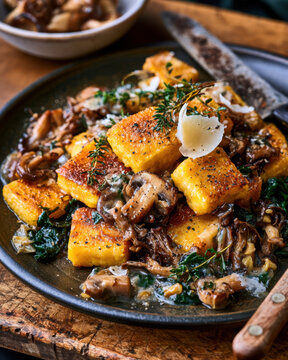 Golden crispy polenta with saut&eacute;ed mushrooms, wilted greens, herbs and shaved cheese served as a rich rustic Italian dish.
