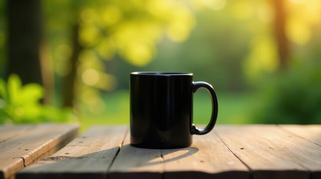 A solitary black mug rests on a weathered wooden table, bathed in the warm glow of a sunlit outdoor setting