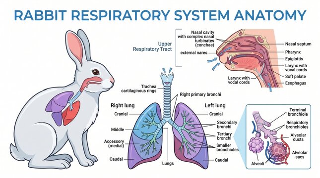 Detailed rabbit respiratory system anatomy diagram with labeled organs and tracts