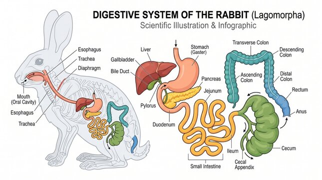 Detailed scientific illustration showing the digestive system of a rabbit anatomy