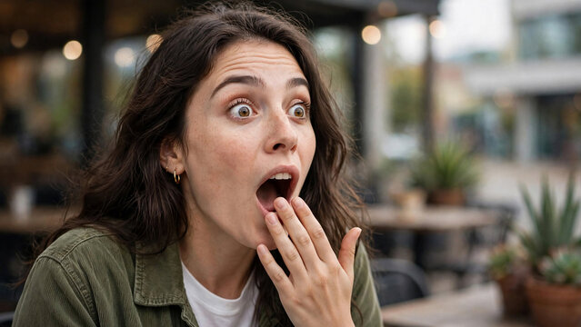 Surprised young woman covering her mouth in shock at an outdoor cafe