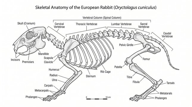 Detailed skeletal anatomy diagram of a European rabbit for scientific education and study