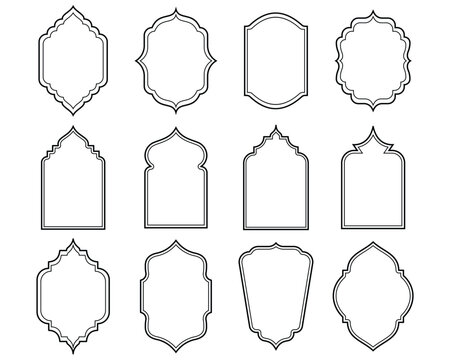 Set of vintage labels frames,  collection of retro labels. Islamic border frame vector art elements, icons. Abstract arabic geometric borders, islamic arabesque silhouettes. Vector illustration.