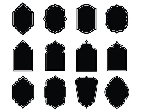 Islamic border frame vector art elements, icons. Set of vintage labels frames, collection of retro labels. Abstract arabic geometric borders, islamic arabesque silhouettes. Vector illustration.