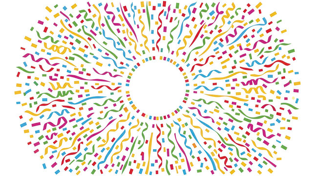 Sfondo festivo con coriandoli colorati e stelle filanti disposti a raggiera attorno a uno spazio centrale vuoto, ideale per celebrazioni, compleanni, anniversari e design di biglietti d'auguri
