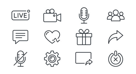 Fototapeta premium Live Streaming Icons Set: Broadcast, Social Media, Communication, Engagement, Technology, and More