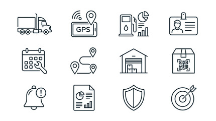 Fototapeta premium Logistics and Delivery Icons Set: Truck, GPS, Fuel Pump, ID Card, Calendar, Route, Warehouse, QR Code, Alert, Report, Shield, Target