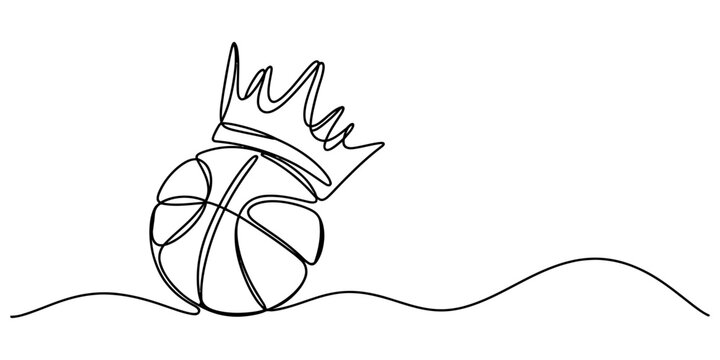 Continuous line drawing of basketball ball wearing royal crown representing tournament champion victory success concept on white background.