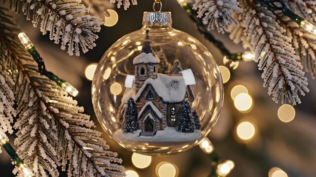 Delicate Glass Christmas Ornament Framed by Frosted Pine Branches with Warm Golden Lights