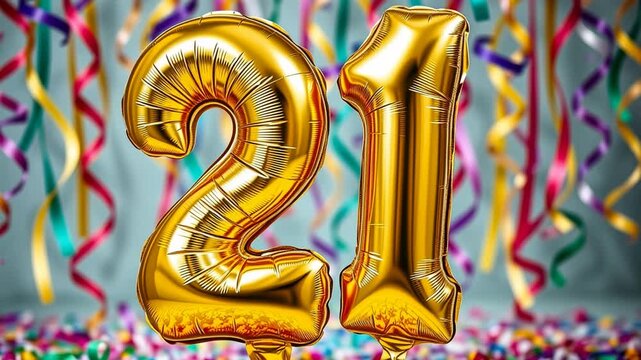 Birthday balloon number twenty one, golden letter figure 21 celebration background AI Generative