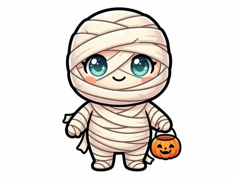 Cute cartoon mummy character holding a jack o lantern pumpkin for Halloween.