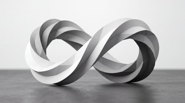Abstract white paper sculpture shaped like an infinity symbol sitting on a textured gray table surface