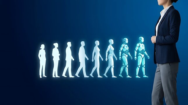 Businesswoman standing next to a glowing blue evolution sequence of human figures transforming into humanoid robots on a dark background