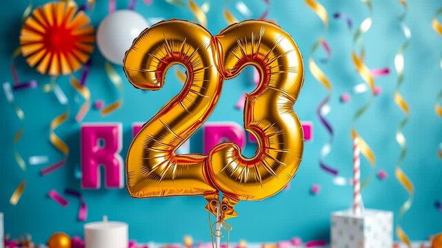 Birthday balloon number twenty three, golden letter figure 23 celebration background AI Generative