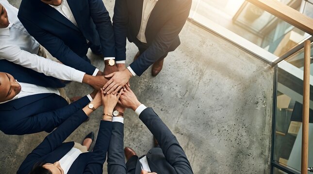 High angle view of diverse business professional team stacking hands together in office lobby as symbol of unity, collaboration, and collective success in corporate environment.