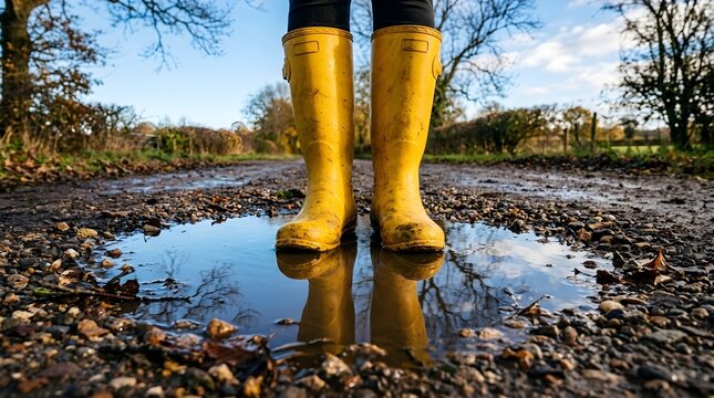 Yellow rubber boots standing in a muddy puddle on a rural dirt road, reflecting in rainwater.