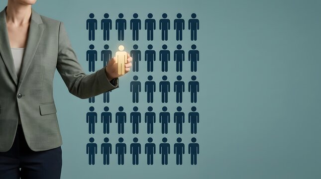 Businesswoman in a grey blazer selecting a glowing yellow human from a grid of dark blue employee symbols on a light blue background