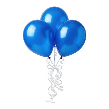 Three blue balloons tied together with silver ribbons for a party celebration