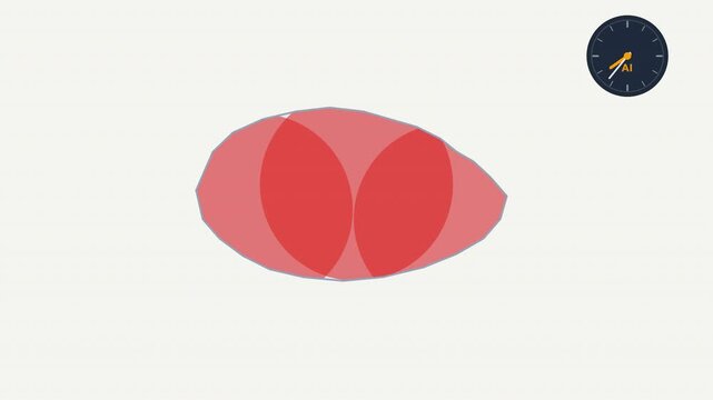 Abstract red geometric shapes overlapping circles on a white clock face graphic background. Suitable for modern design and timerelated themes.