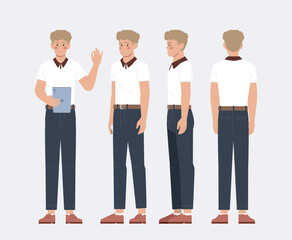 Obraz premium Young male character shown from front, side and back views with standing, waving and tablet poses for animation and character creation, vector illustration