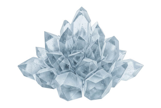 Un gruppo di cristalli di quarzo trasparenti e luminosi isolati su uno sfondo bianco puro, che mostrano sfaccettature geometriche naturali e una struttura minerale cristallina elegante e dettagliata.