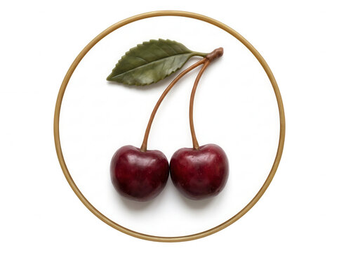 Due ciliegie rosse mature con gambo e foglia verde posizionate all'interno di un elegante cerchio dorato su sfondo bianco, vista dall'alto, stile minimalista e raffinato per design culinario.