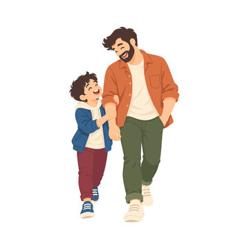 Father teaching his child to ride a bicycle during an encouraging outdoor family activity illustration