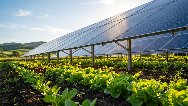 Sustainable agrivoltaics system with solar panels on a farm, showcasing clean energy production alongside young green crops growing in fertile soil.