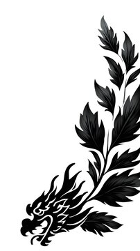 Elegant Black Dragon Head with Floral Leaves Corner Design on White Background