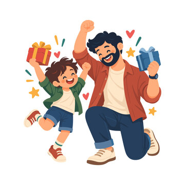 Father celebrating with his excited son while sharing a joyful high five family illustration