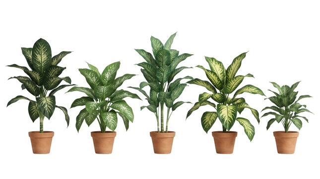 Un set di cinque piante d'appartamento Dieffenbachia con foglie variegate in vasi di terracotta su sfondo bianco isolato, ideale per decorazioni d'interni, design botanico e progetti di giardinaggio.