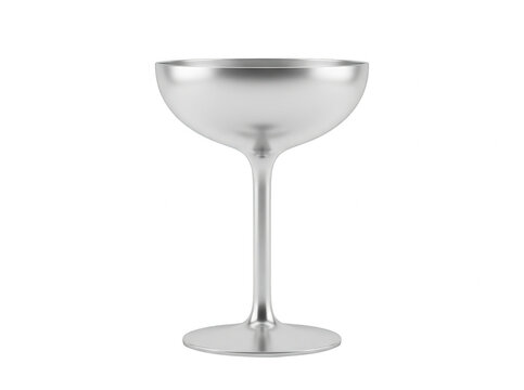 Un elegante calice da champagne in metallo argentato dal design minimalista e moderno, isolato su uno sfondo bianco puro, perfetto per presentazioni di lusso, eventi esclusivi o design editoriale.