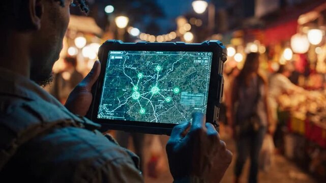 Man using rugged tablet with futuristic interactive map interface in busy night market for navigation and data analysis
