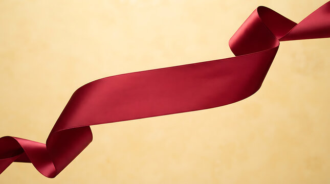 Red satin ribbon curving upward on beige background