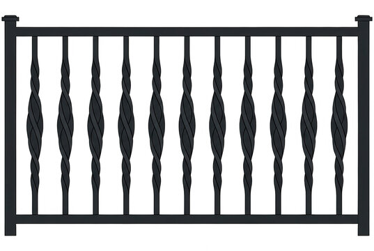 Una sezione di recinzione in ferro battuto nero con eleganti balaustre ritorte centrali, isolata su sfondo bianco, ideale per design architettonico, sicurezza residenziale e progetti di edilizia.